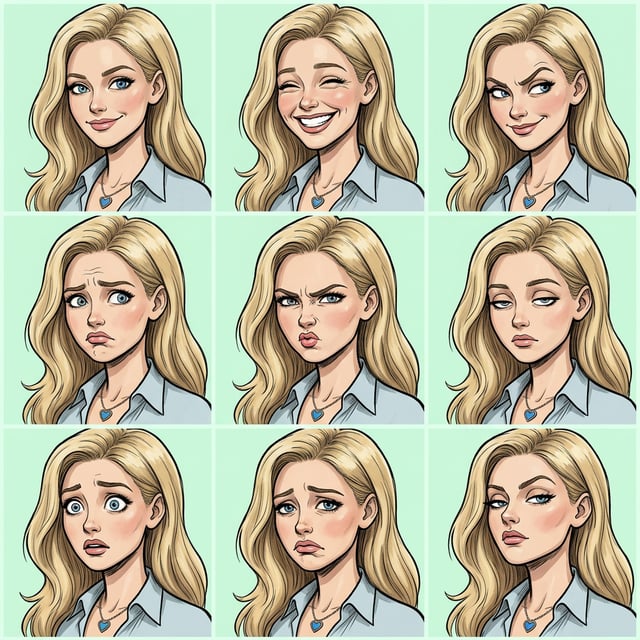 Cartoon style British cartoon grid of a blonde woman displaying nine different emotional expressions with a light green background.