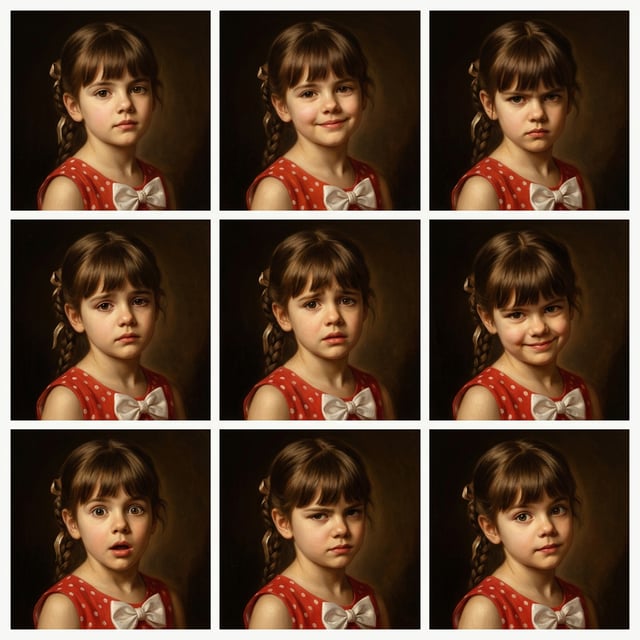 Fine art painting renaissance oil portrait of a young girl with braided hair and a red polka dot dress showing various emotions.