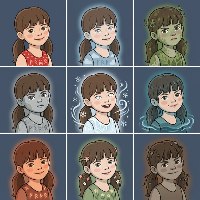 Cartoon style scandinavian cartoon portraits of a young girl with pigtails depicted as different elements like earth, water, and ice.