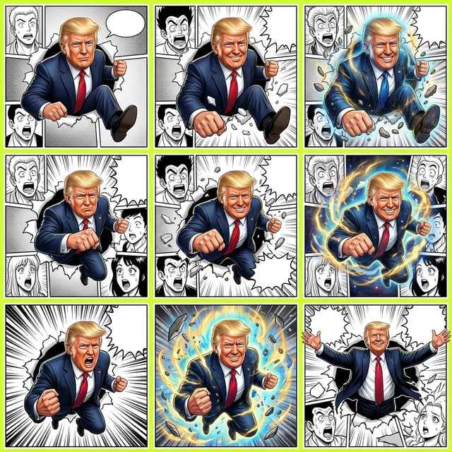 Reality breaking illusion manga panel breakout of Donald Trump bursting through a comic book page with dramatic energy effects.